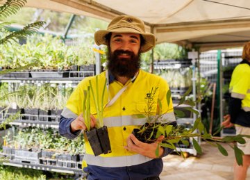 Nursery worker holding plants